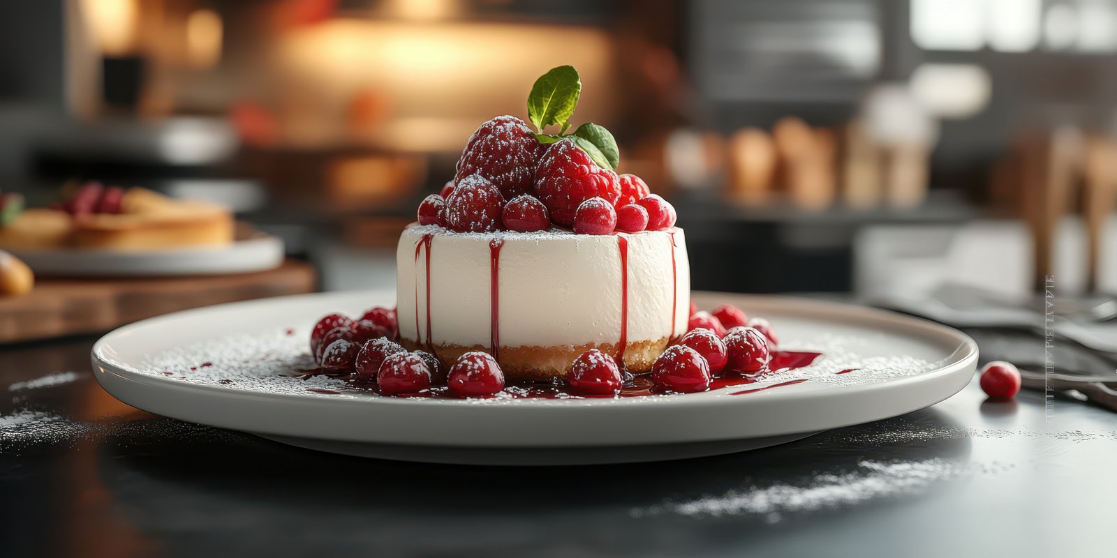 Delicious raspberry cheesecake served on a white plate in a cozy kitchen setting during afternoon light